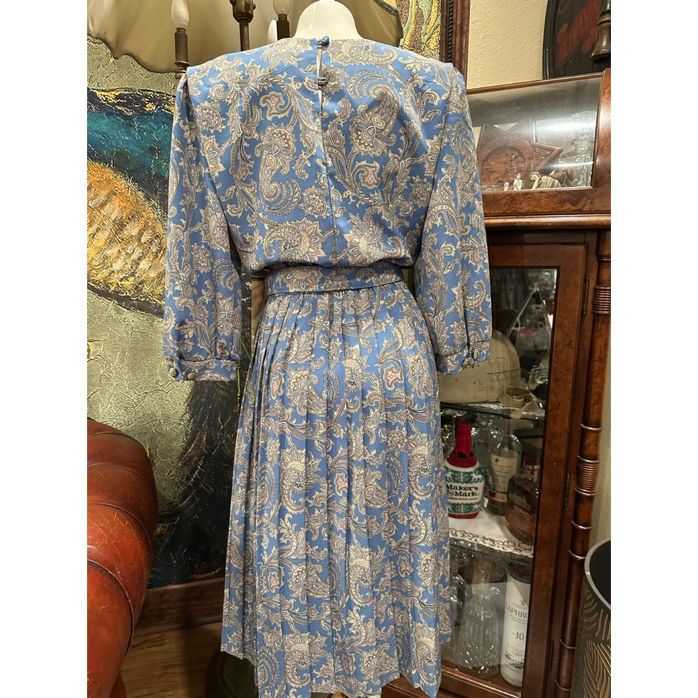 Vintage Breli Originals Paisley Pleated Midi Dress 10 Blue Cottagecore 80s USA - Picture 6 of 12